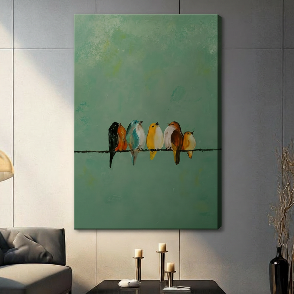Colorful Birds on Wire Oil Painting Canvas Art