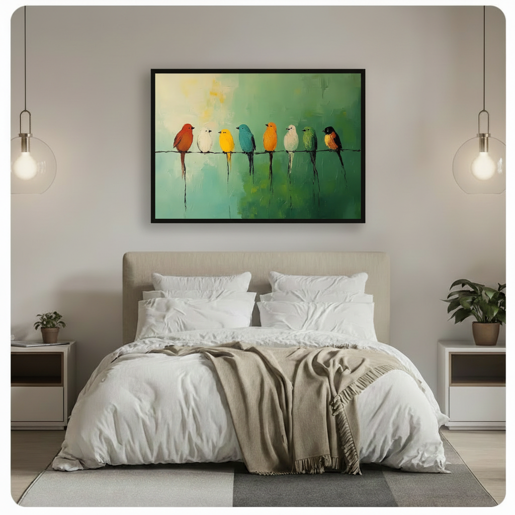 Colorful Birds on Wire Oil Painting Canvas Art