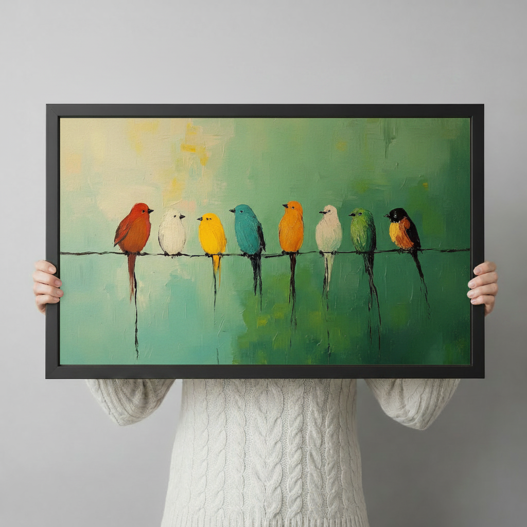 Colorful Birds on Wire Oil Painting Canvas Art
