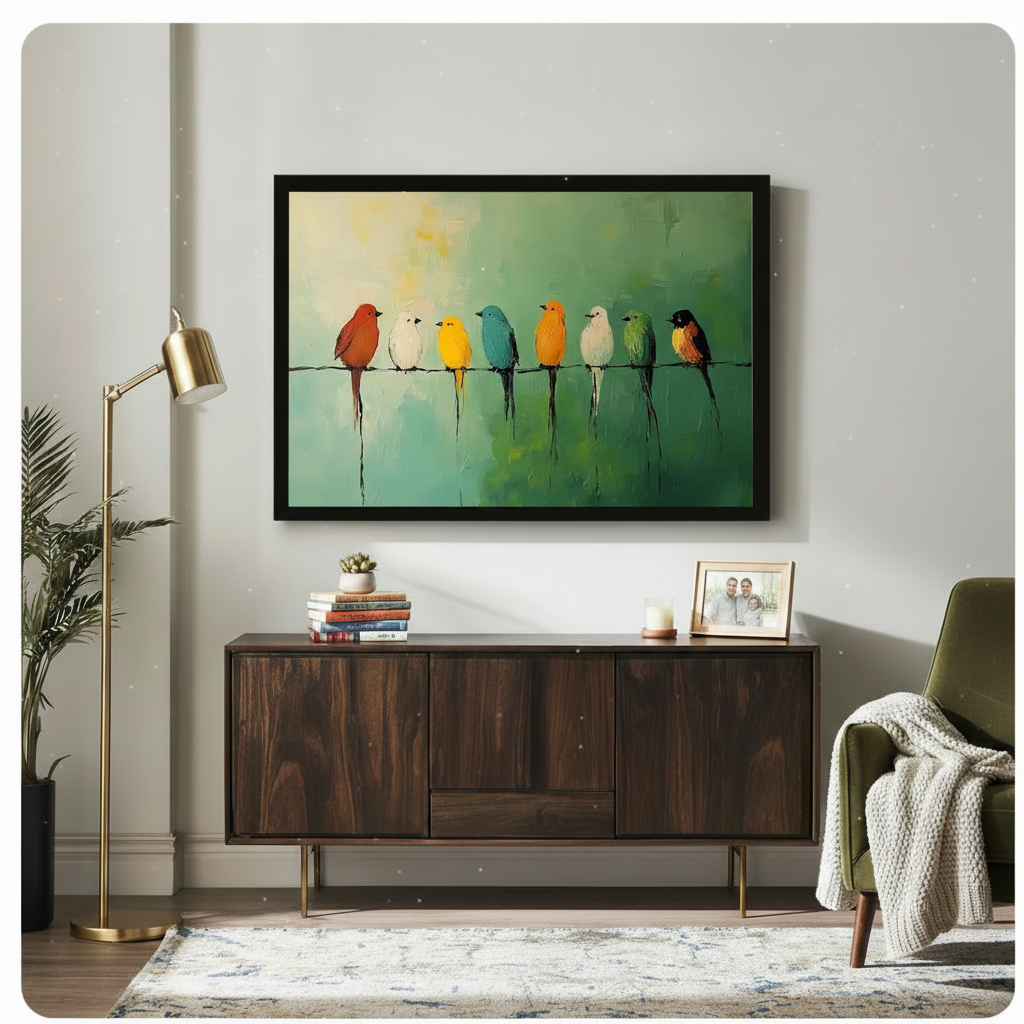 Colorful Birds on Wire Oil Painting Canvas Art