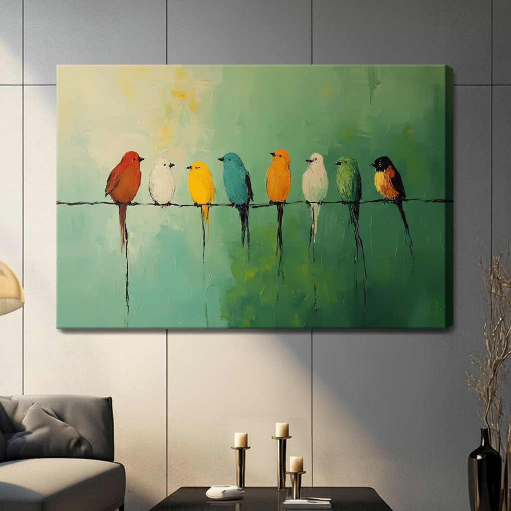 Colorful Birds on Wire Oil Painting Canvas Art