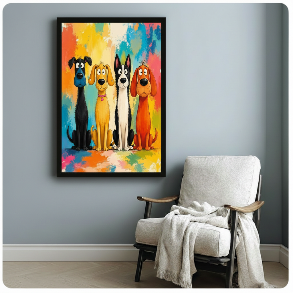 Colorful Cartoon Dogs Canvas Wall Art