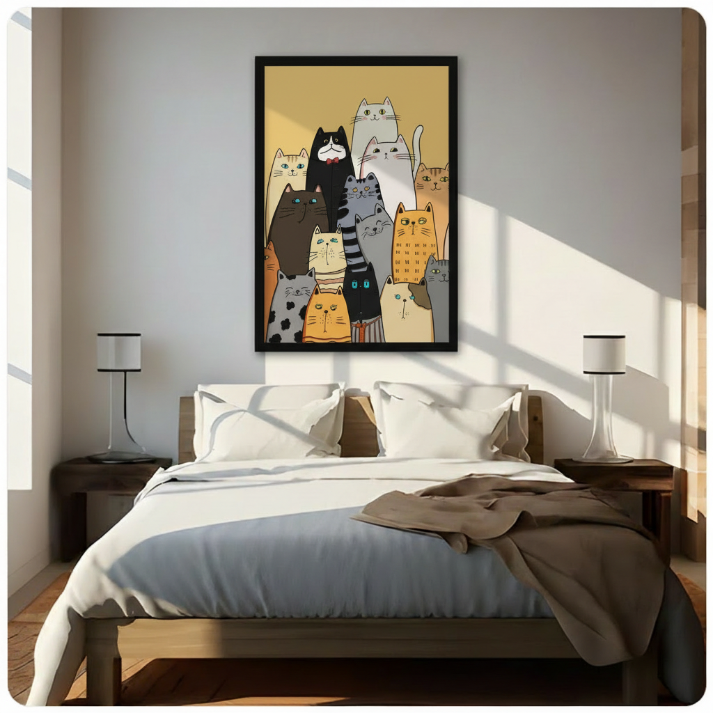 Whimsical Cat Crew Framed Canvas Art Print Wall Art