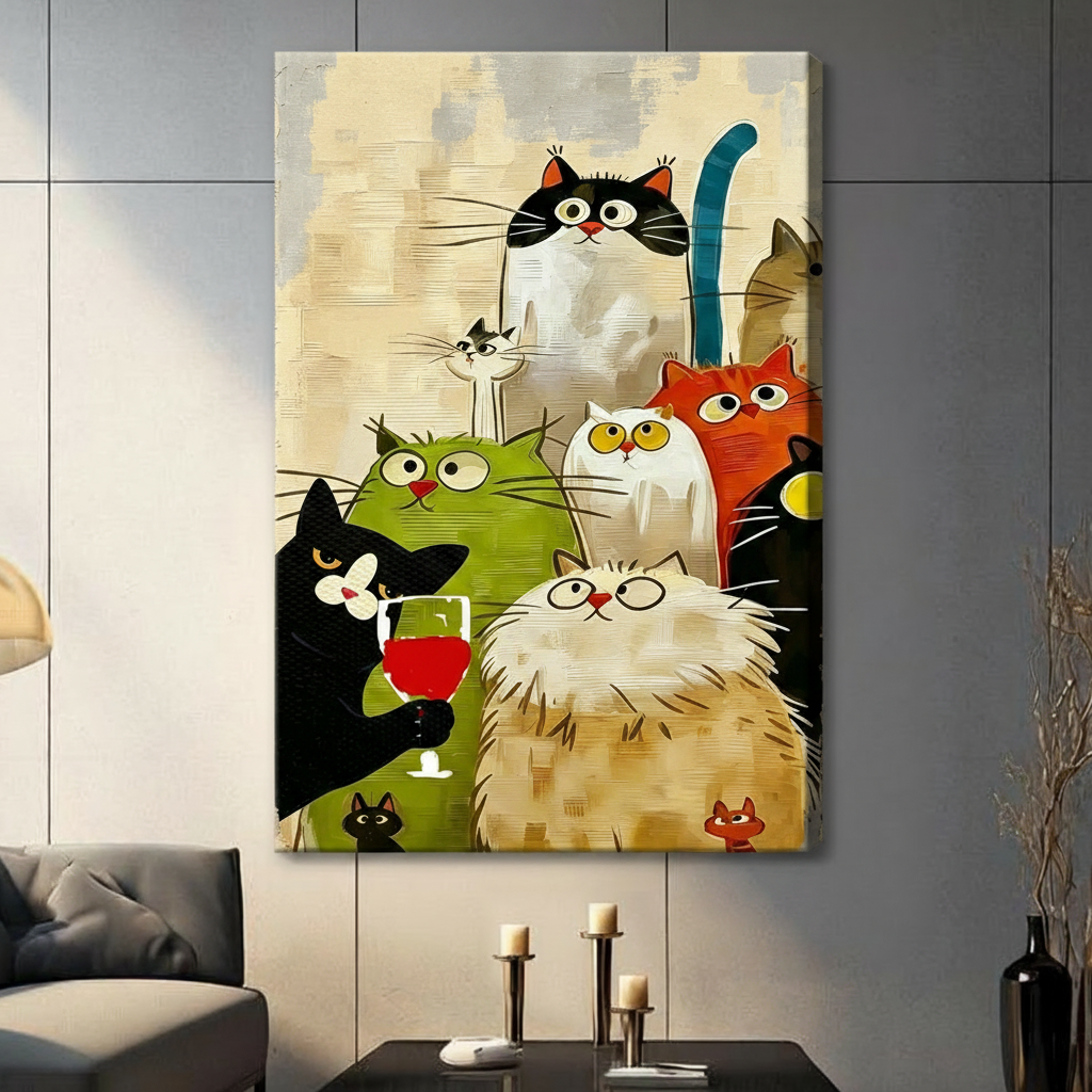 Colorful Cat Party Canvas Wall Art