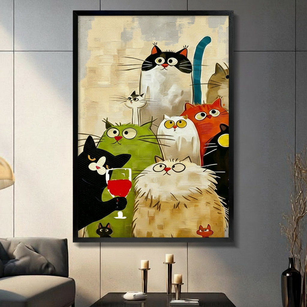 Colorful Cat Party Canvas Wall Art