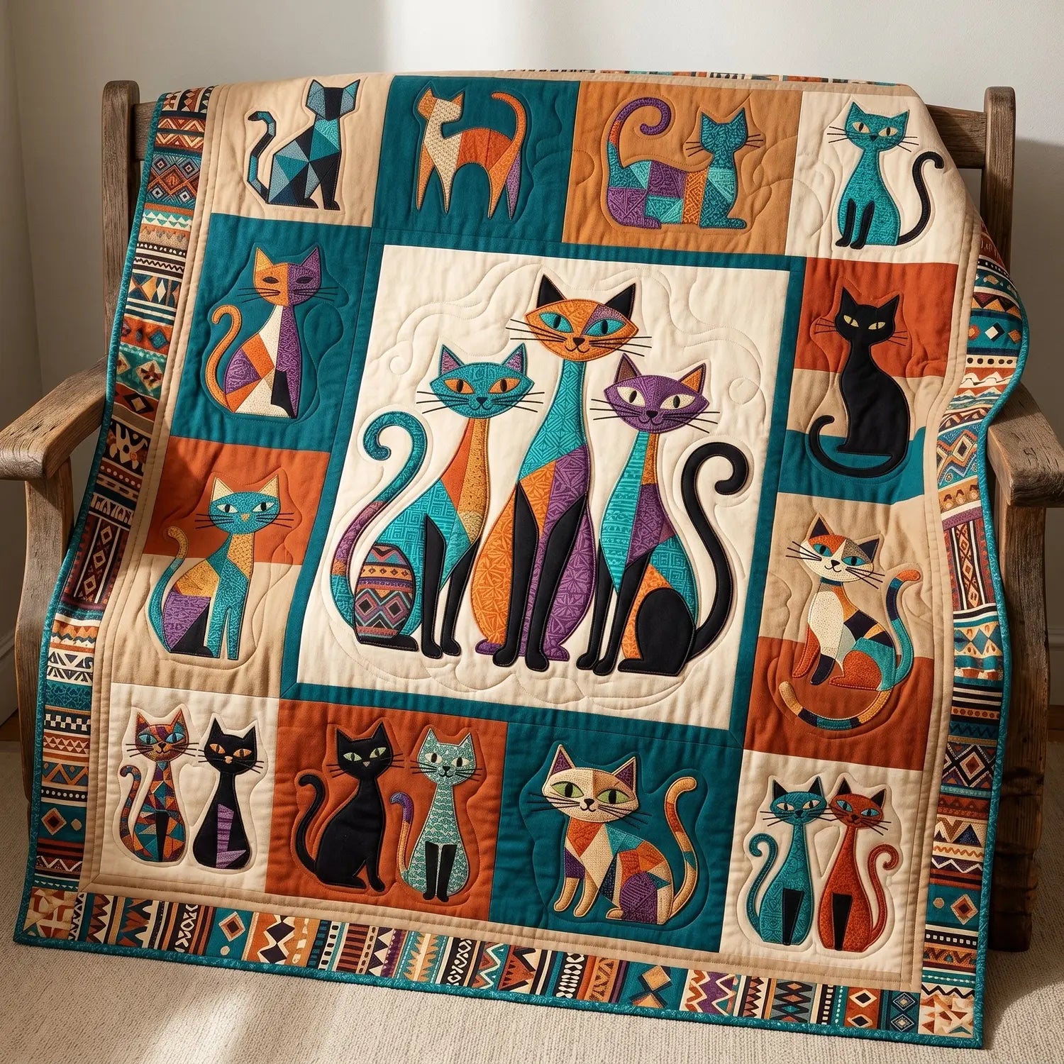 Colorful Cat Patchwork Quilt Blanket