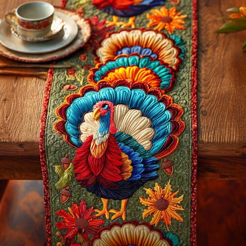 Colorful Feathered Turkey Quilted Table Runner