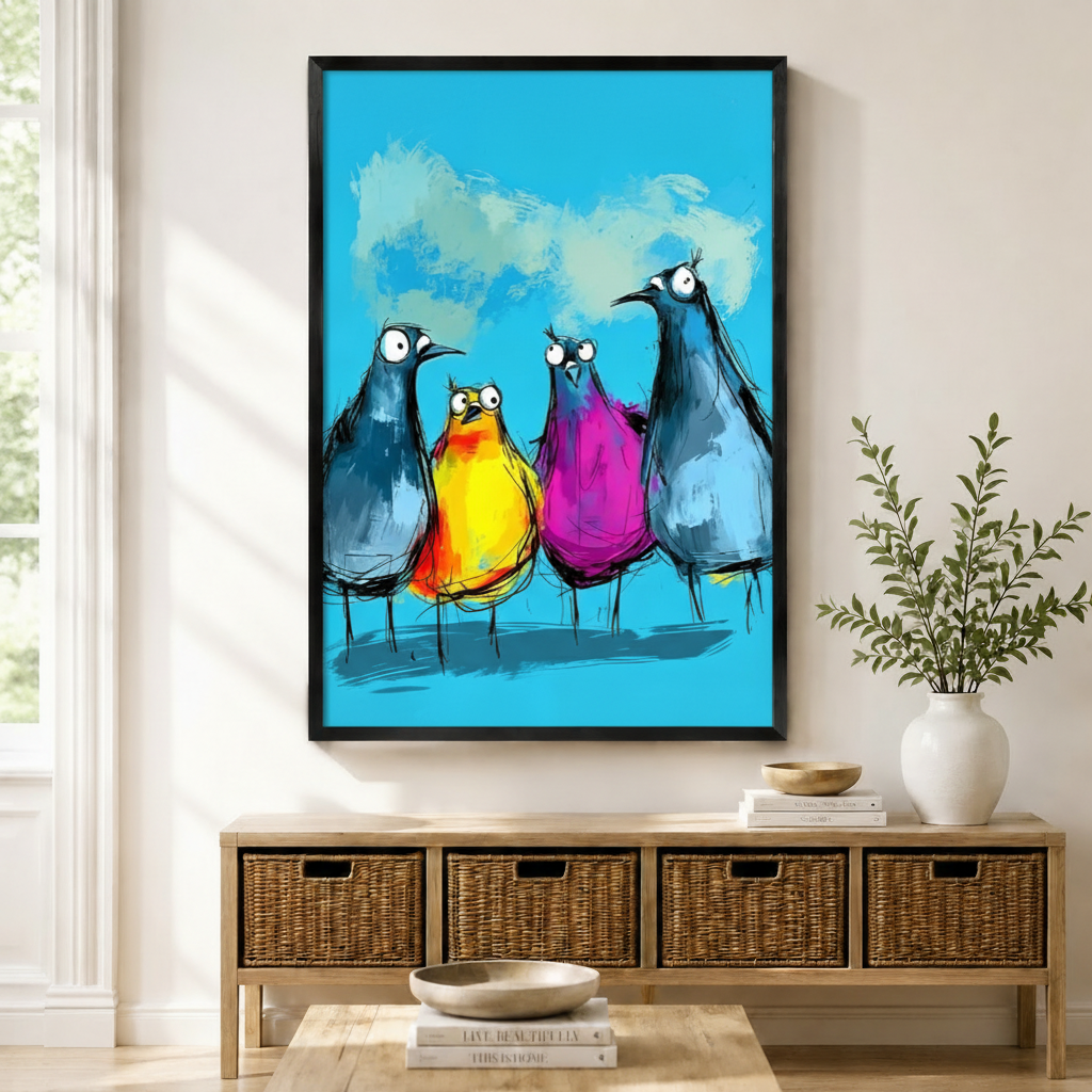 Crazy Birds Colorful Street Art Canvas Wall Art