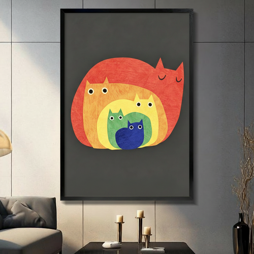 Rainbow Nested Cats Whimsical Canvas Wall Art