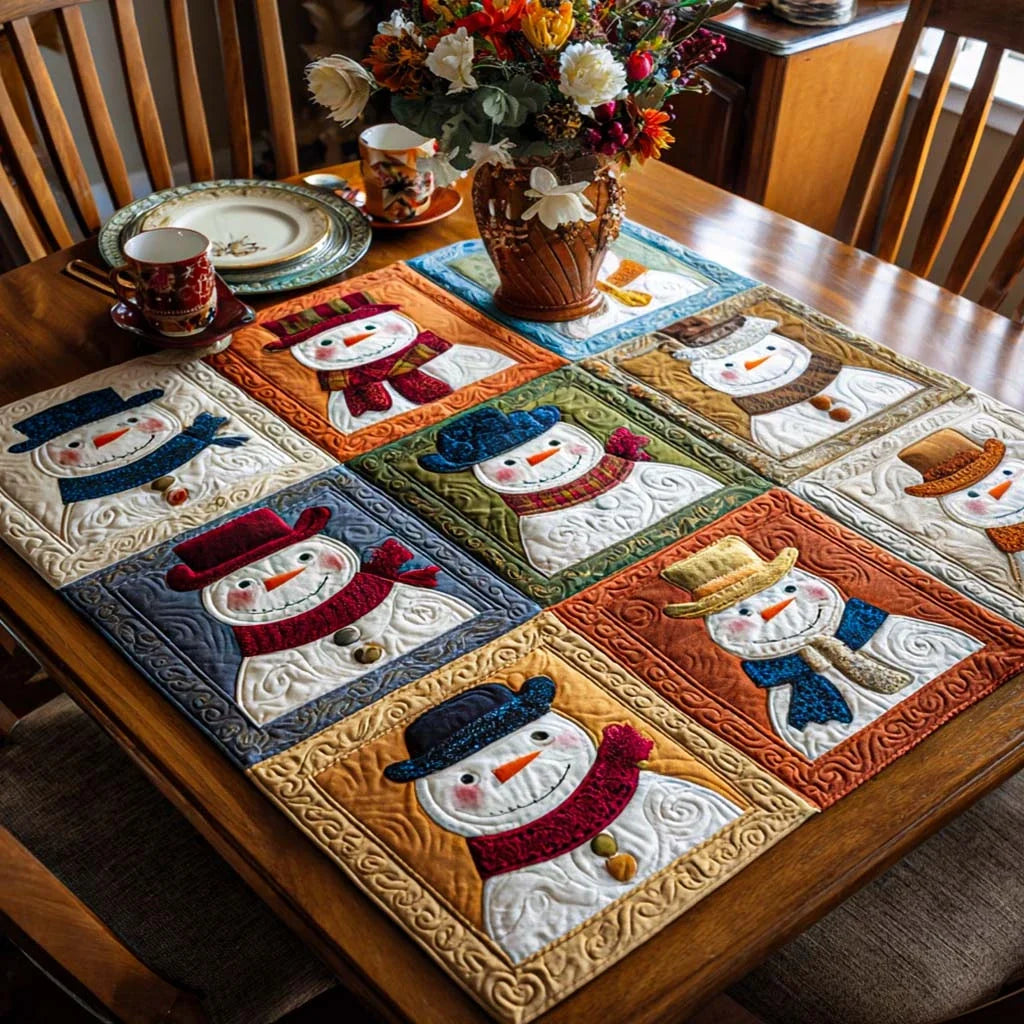 Colorful Snowmen Patch Quilted Table Topper