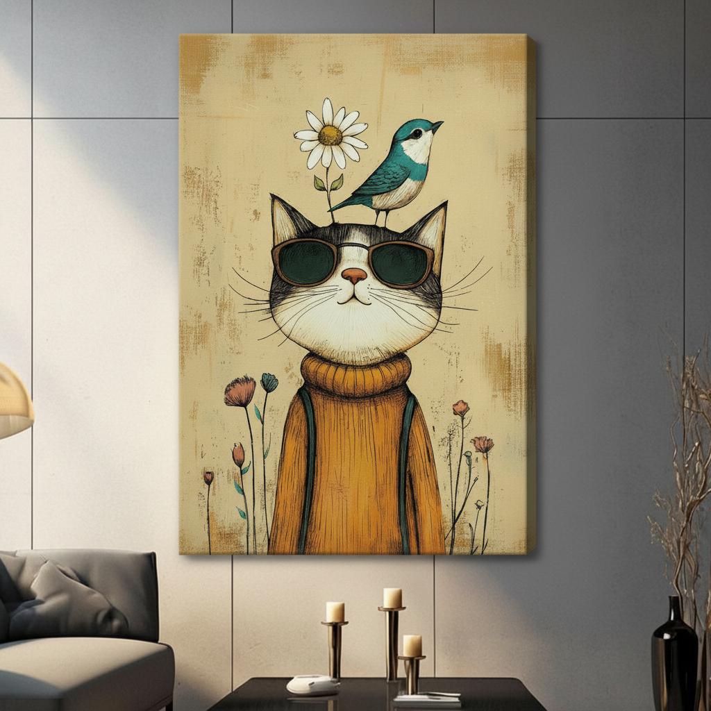 Retro Cool Cat Framed Canvas Art Wall Art
