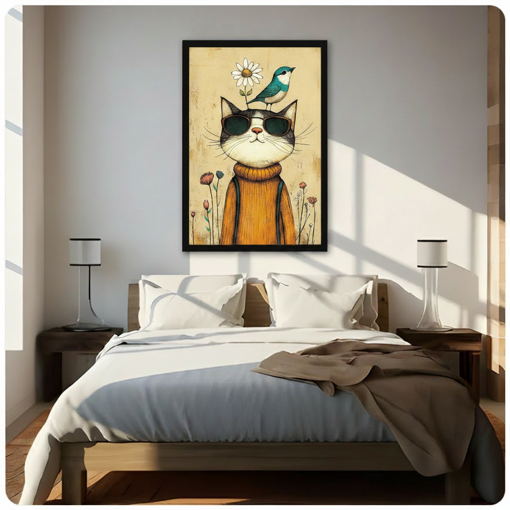 Retro Cool Cat Framed Canvas Art Wall Art