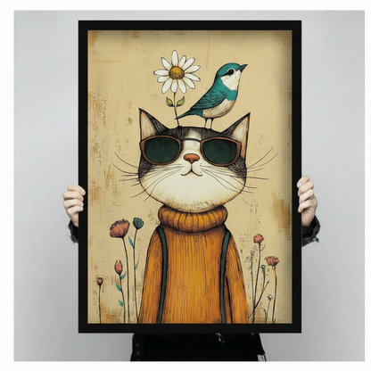 Retro Cool Cat Framed Canvas Art Wall Art