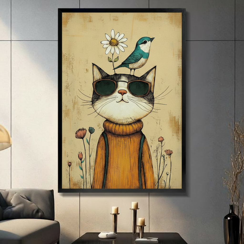Retro Cool Cat Framed Canvas Art Wall Art