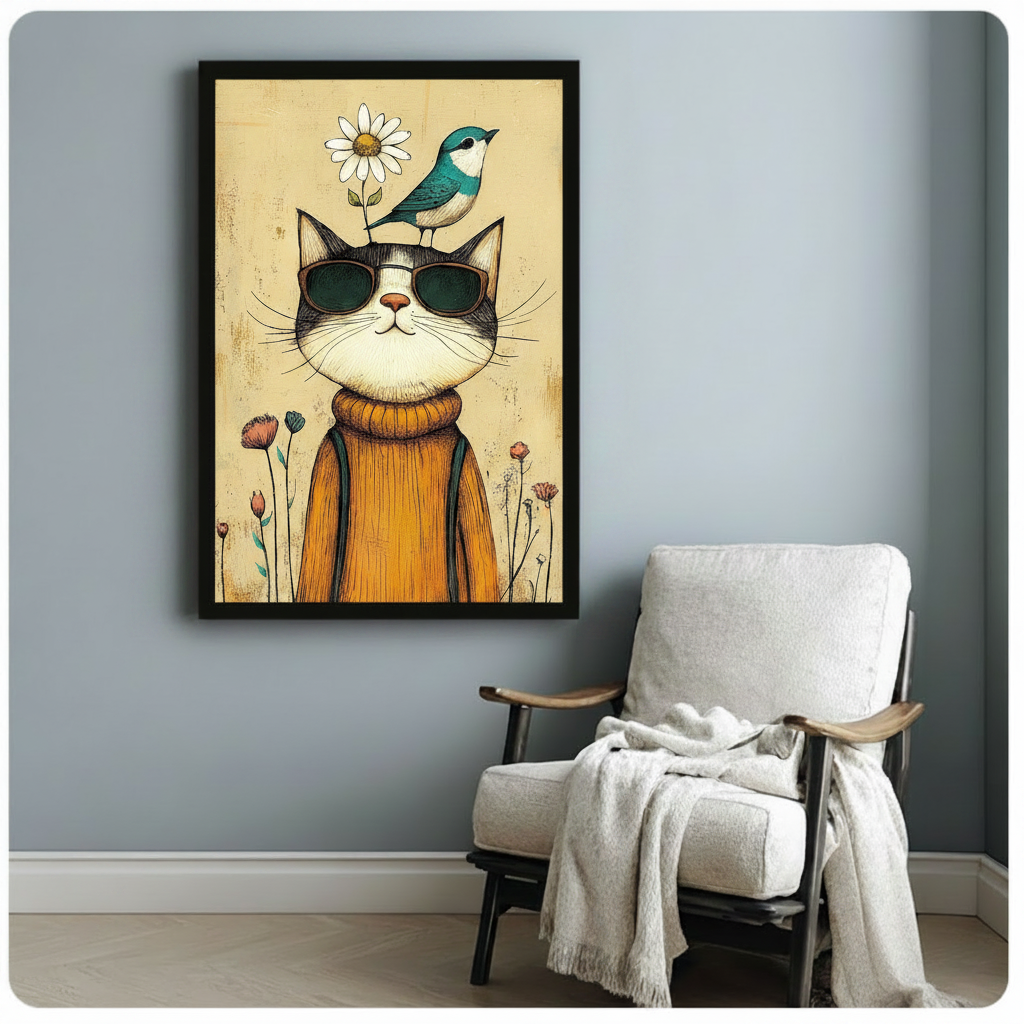 Retro Cool Cat Framed Canvas Art Wall Art