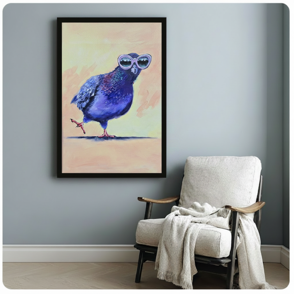 Cool Pigeon Sunglasses Funny Impressionist Oil Painting Canvas Art