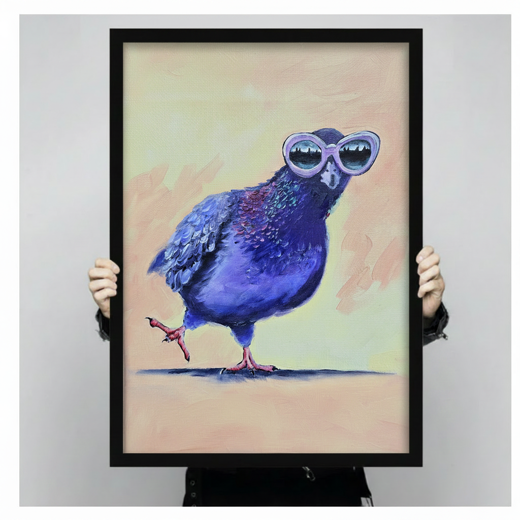 Cool Pigeon Sunglasses Funny Impressionist Oil Painting Canvas Art