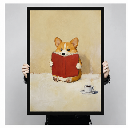 Reading Corgi Oil Painting Canvas Wall Art