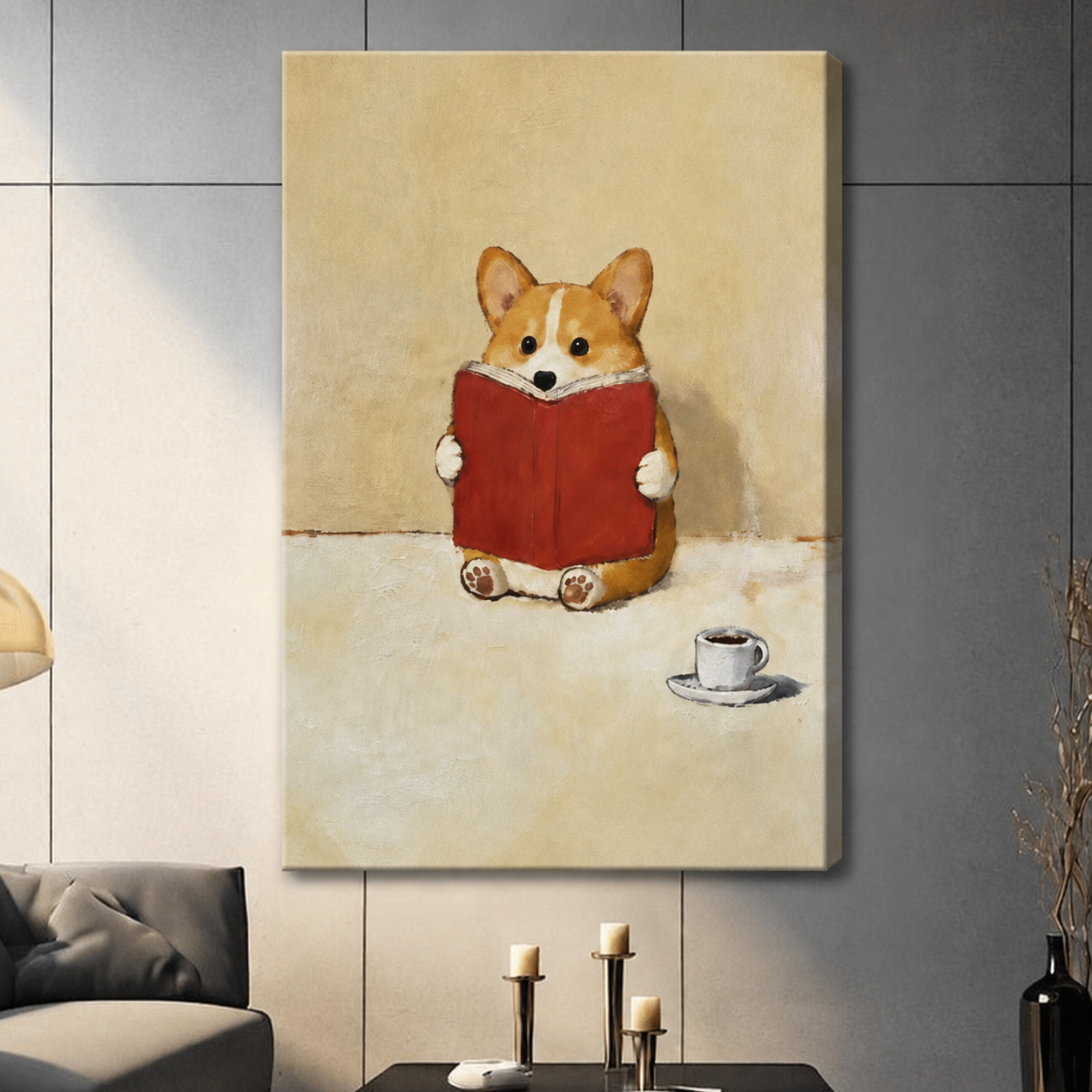 Reading Corgi Oil Painting Canvas Wall Art