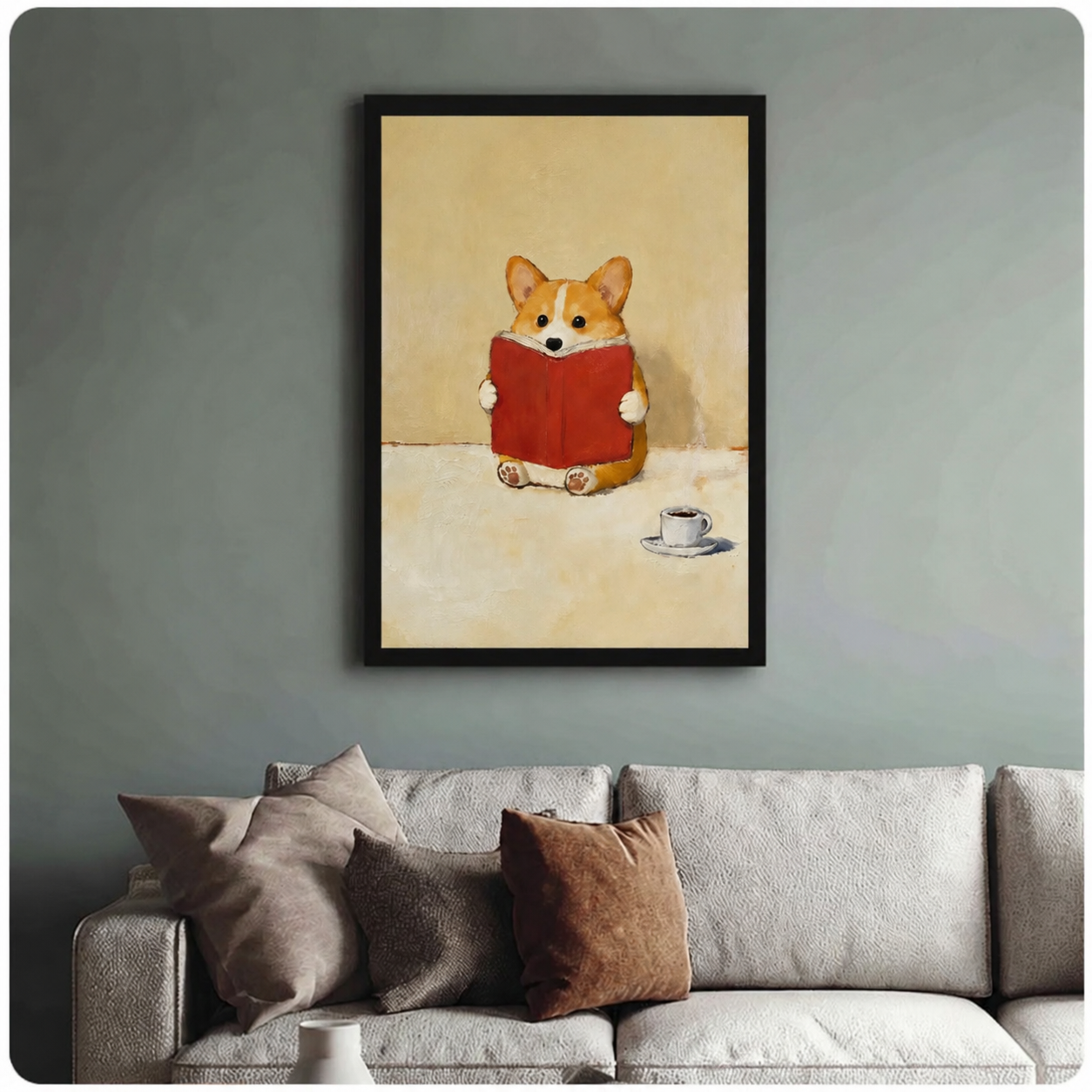Reading Corgi Oil Painting Canvas Wall Art