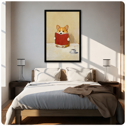Reading Corgi Oil Painting Canvas Wall Art