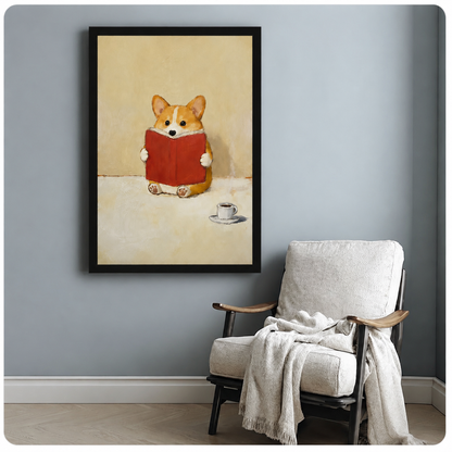 Reading Corgi Oil Painting Canvas Wall Art