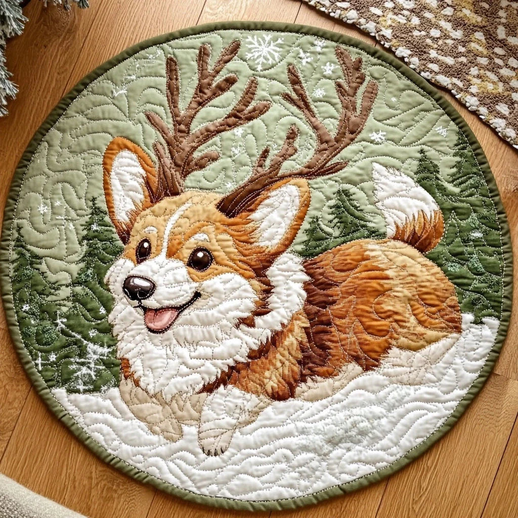 Corgi Reindeer Forest Quilted Round Mat