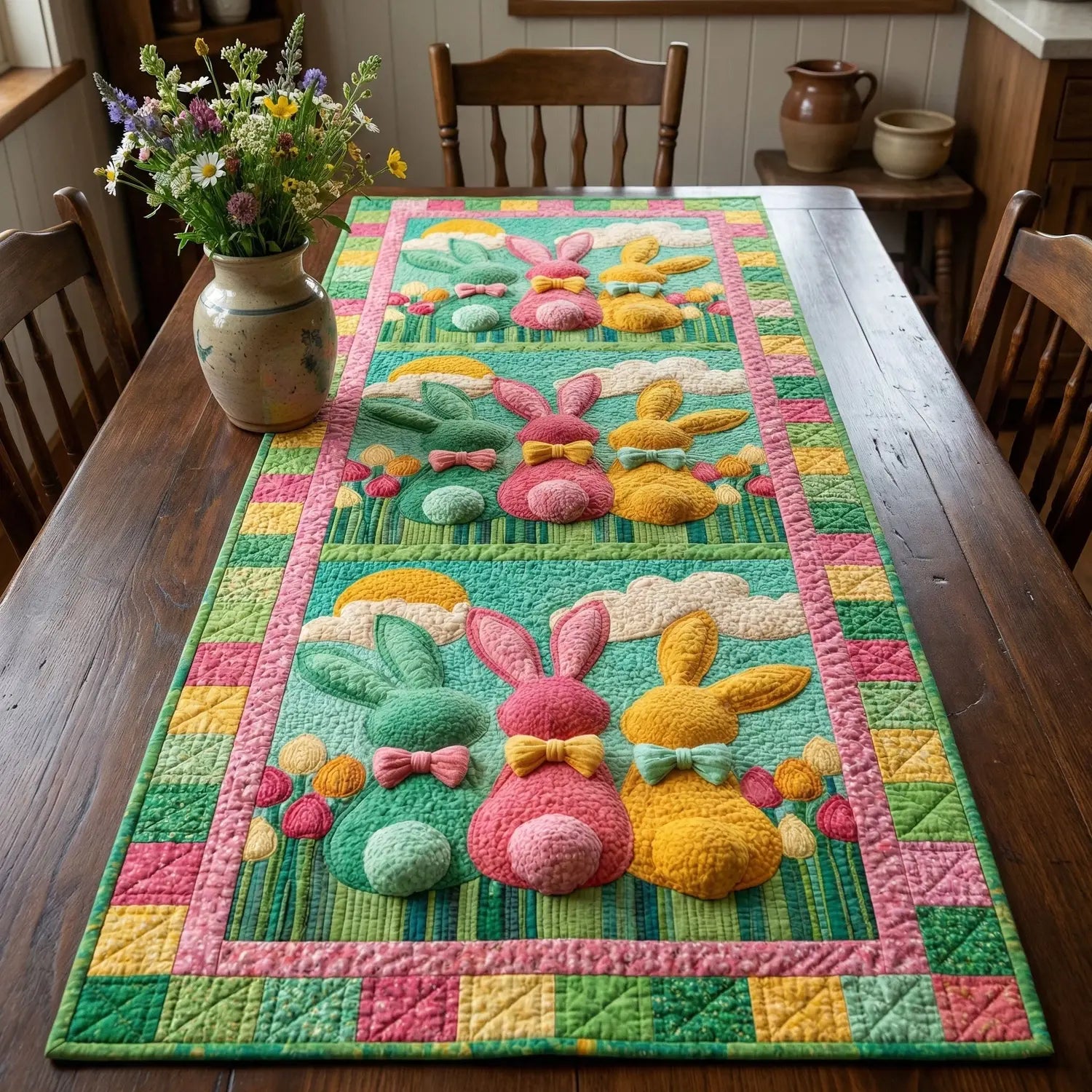 Cottage Bunny Trio Quilted Table Runner