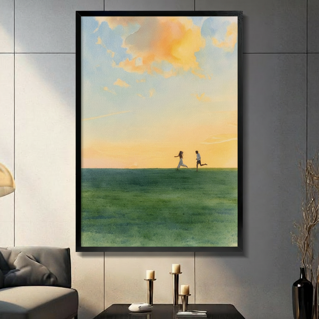 Romantic Sunset Couple Running Canvas Wall Art