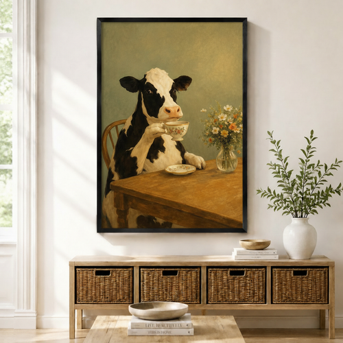 Vintage Cow Tea Time Oil Painting Canvas Art Wall Art
