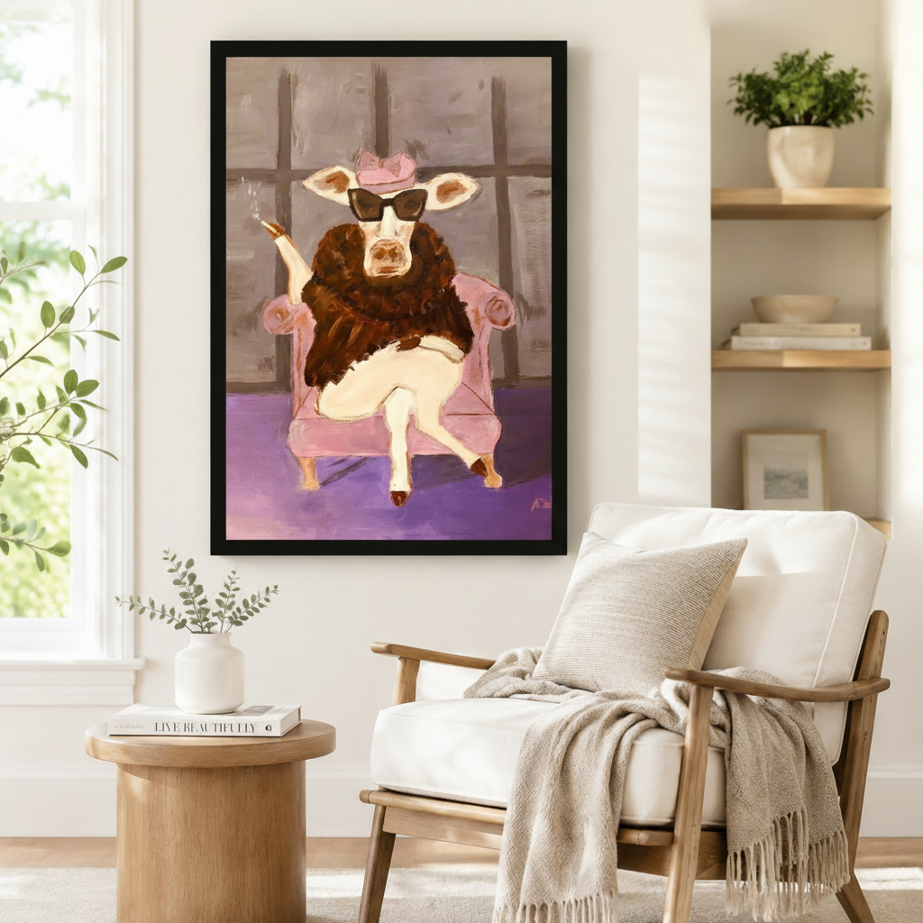 Glam Cow Pink Chair Canvas Wall Art