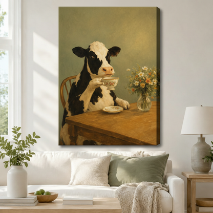 Vintage Cow Tea Time Oil Painting Canvas Art Wall Art