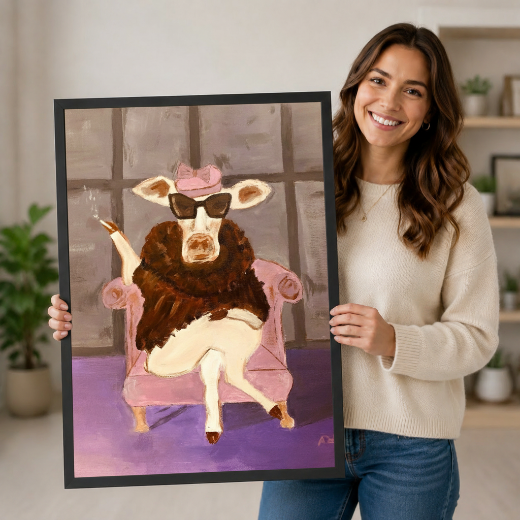 Glam Cow Pink Chair Canvas Wall Art
