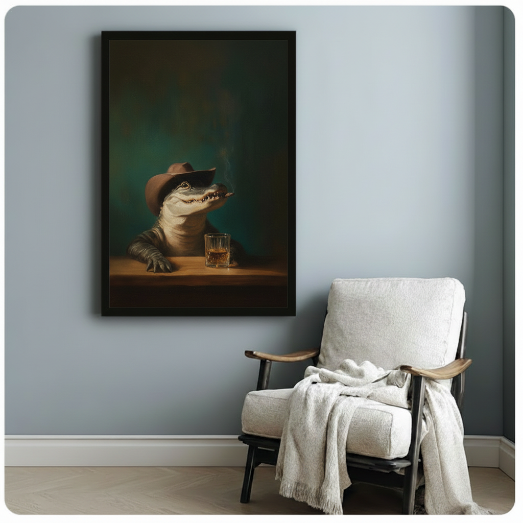 Cowboy Alligator Whiskey Dark Portrait Canvas Art