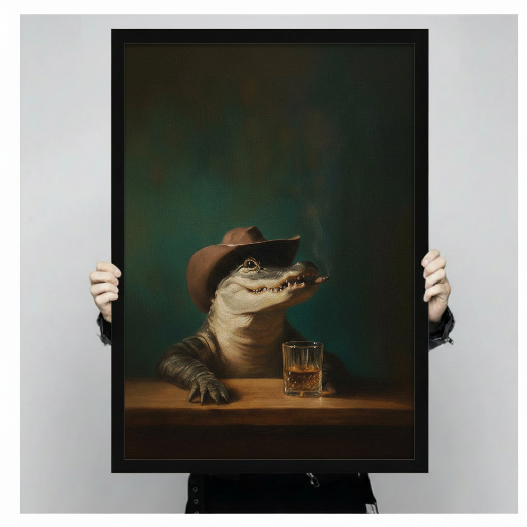 Cowboy Alligator Whiskey Dark Portrait Canvas Art