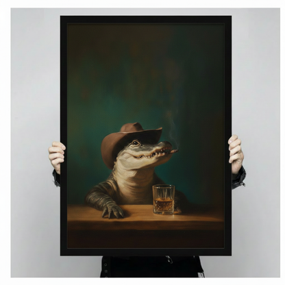 Cowboy Alligator Whiskey Dark Portrait Canvas Art
