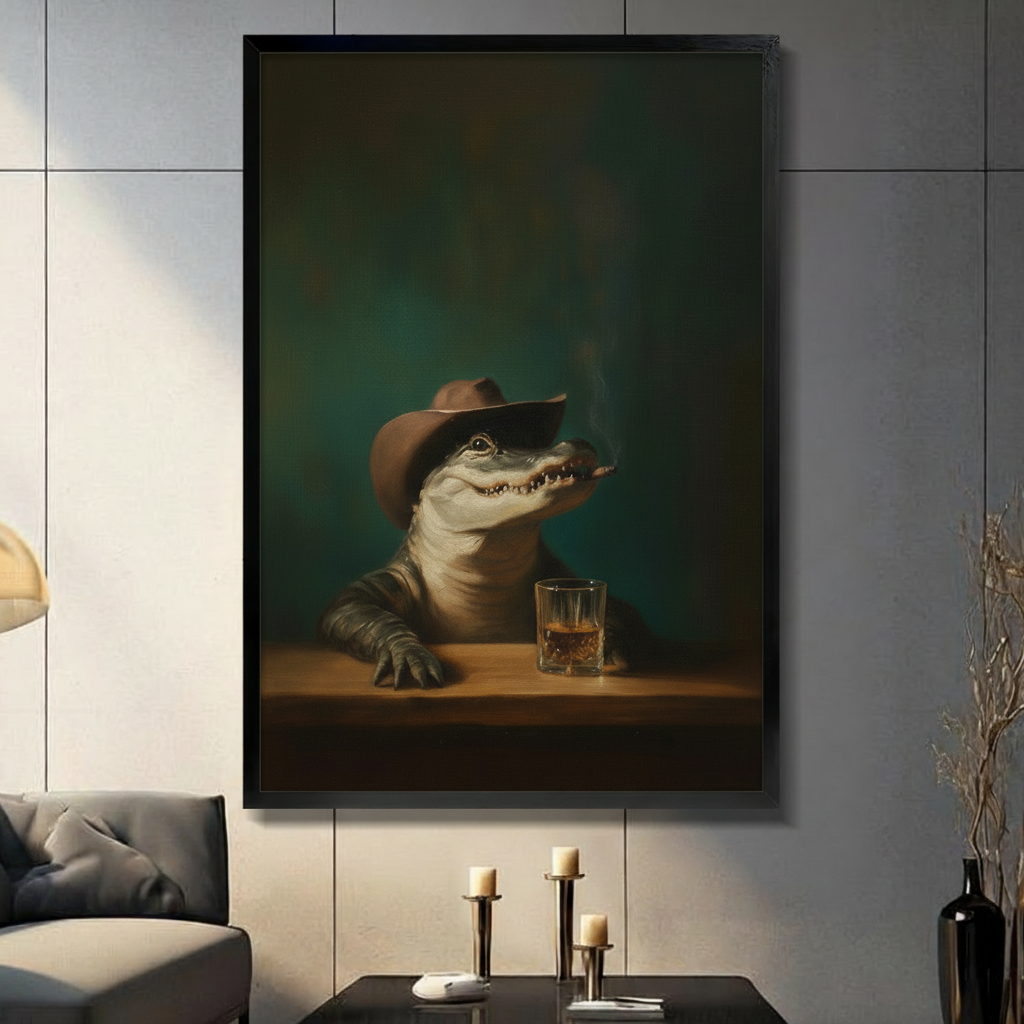 Cowboy Alligator Whiskey Dark Portrait Canvas Art