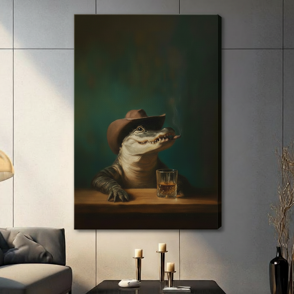Cowboy Alligator Whiskey Dark Portrait Canvas Art