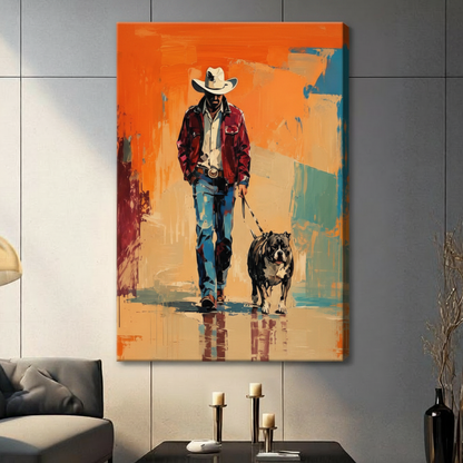Cowboy & Pitbull Expressionist Canvas Wall Art