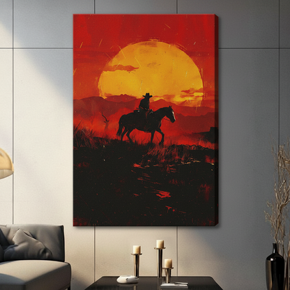 Western Cowboy Sunset Silhouette Canvas Wall Art