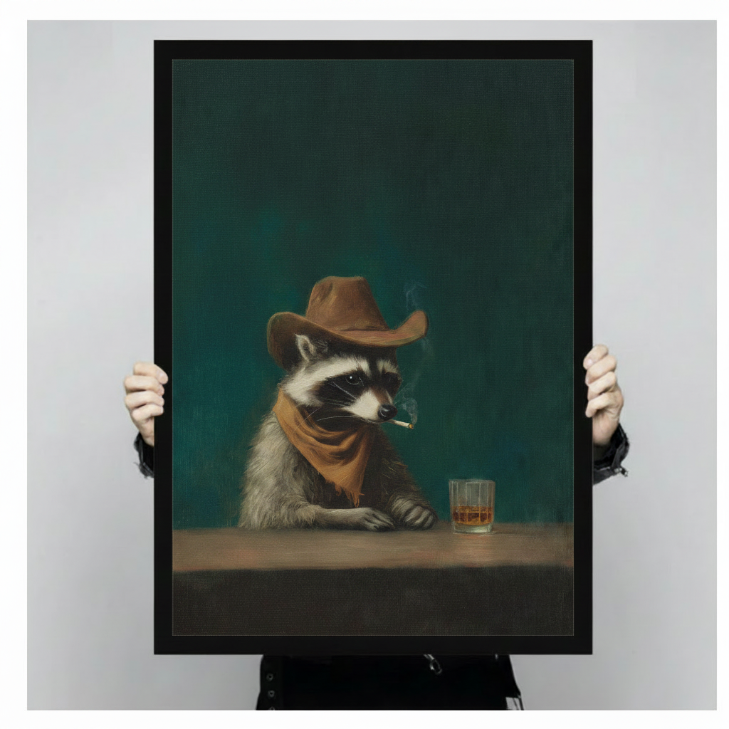 Western Cowboy Raccoon Whiskey Bar Canvas Art