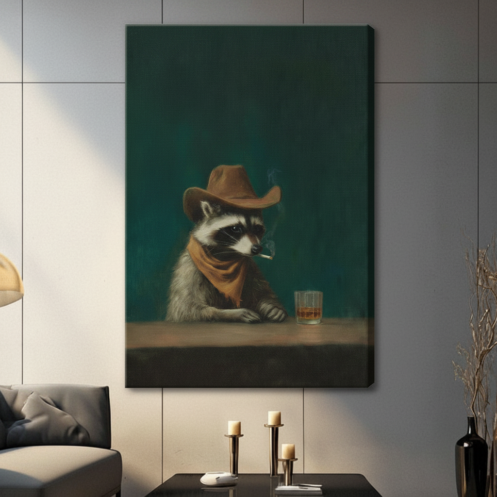 Western Cowboy Raccoon Whiskey Bar Canvas Art