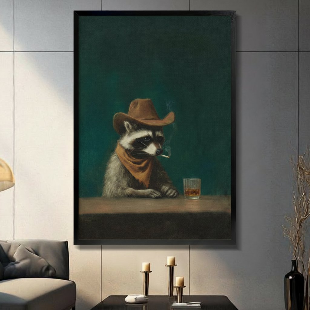 Western Cowboy Raccoon Whiskey Bar Canvas Art