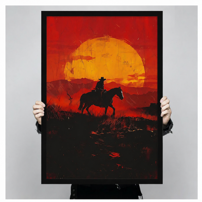 Western Cowboy Sunset Silhouette Canvas Wall Art
