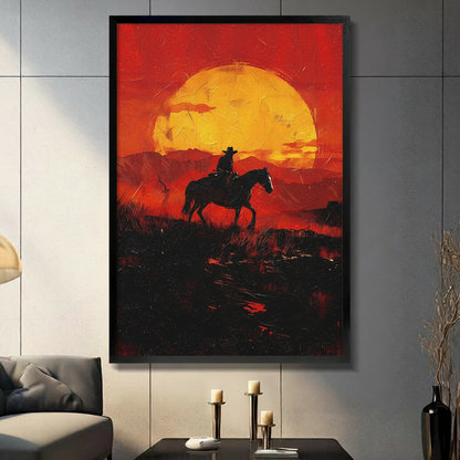 Western Cowboy Sunset Silhouette Canvas Wall Art