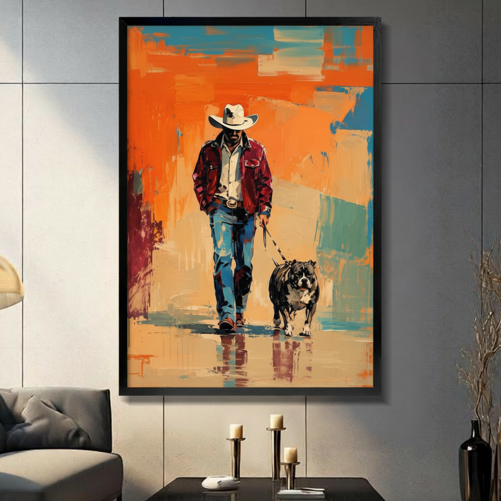 Cowboy & Pitbull Expressionist Canvas Wall Art