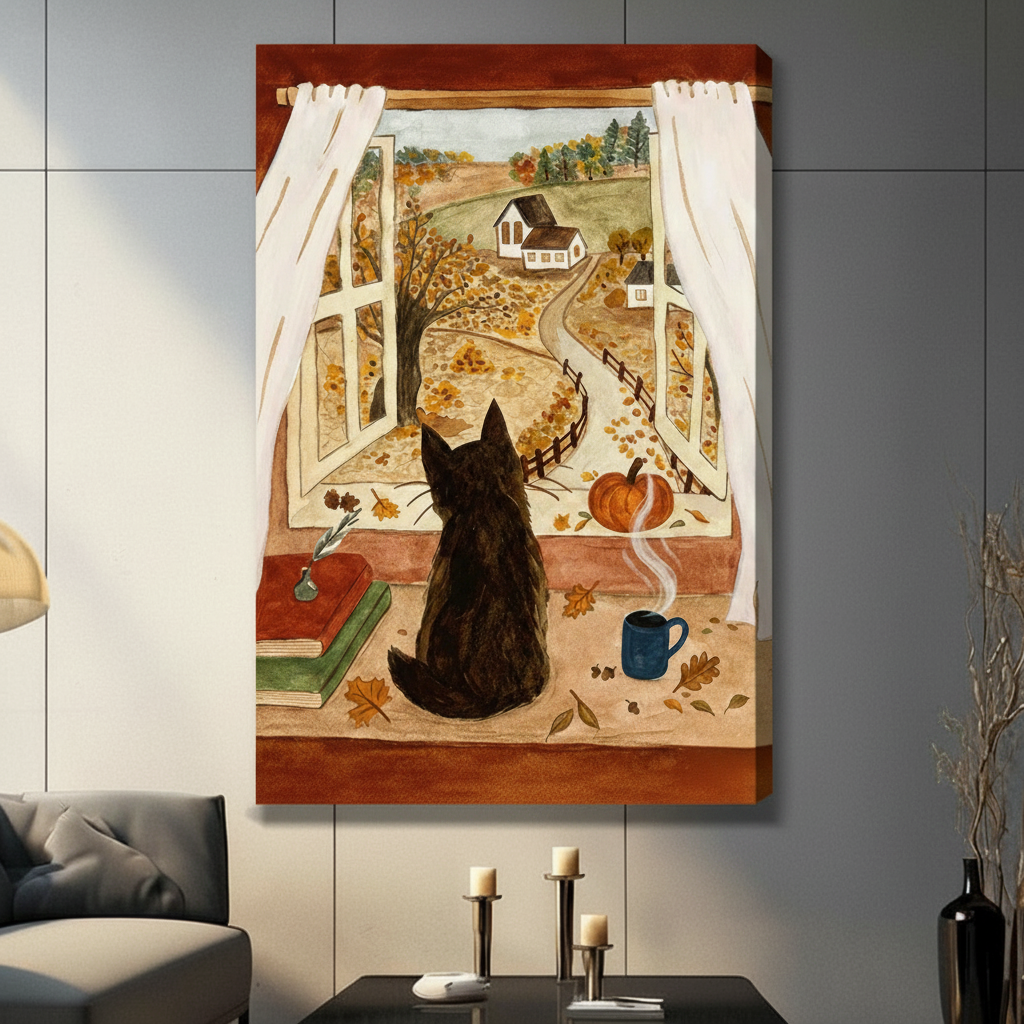 Cozy Autumn Cat Window Farmhouse Canvas Art Wall Art