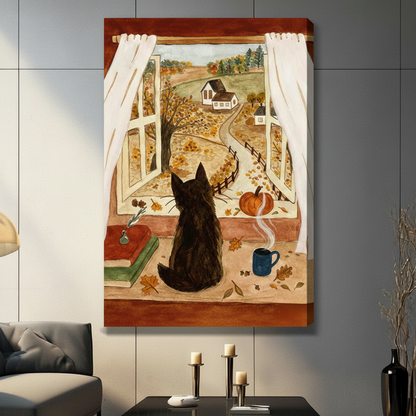 Cozy Autumn Cat Window Farmhouse Canvas Art Wall Art