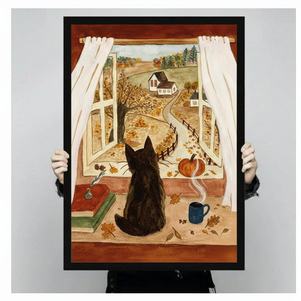 Cozy Autumn Cat Window Farmhouse Canvas Art Wall Art