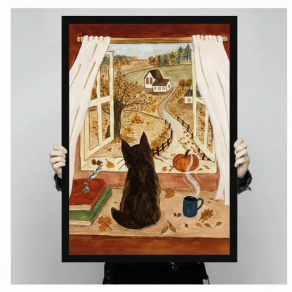 Cozy Autumn Cat Window Farmhouse Canvas Art Wall Art